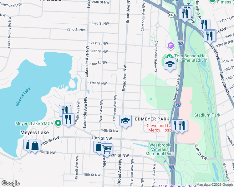 map of restaurants, bars, coffee shops, grocery stores, and more near 1620 Edmeyer Avenue Northwest in Canton