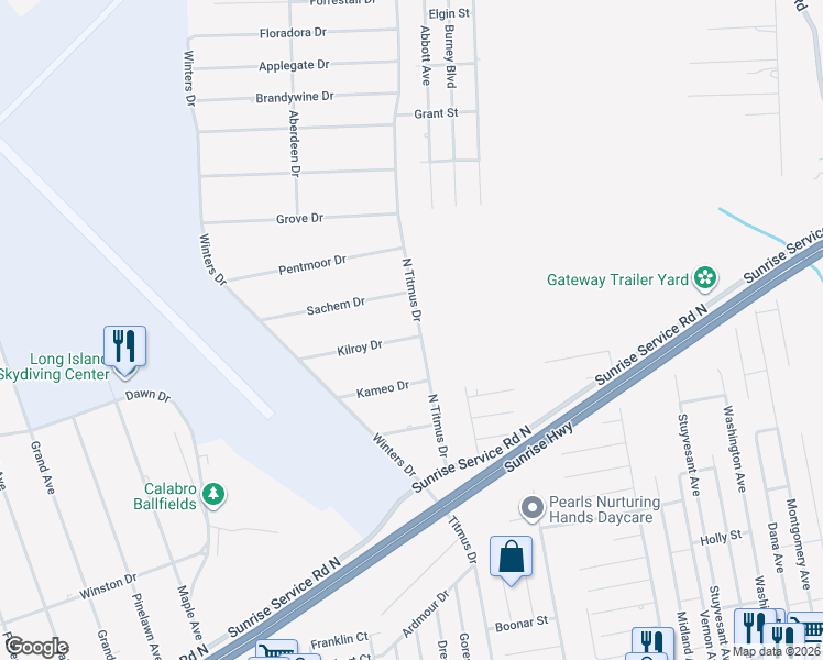 map of restaurants, bars, coffee shops, grocery stores, and more near 162 North Titmus Drive in Mastic