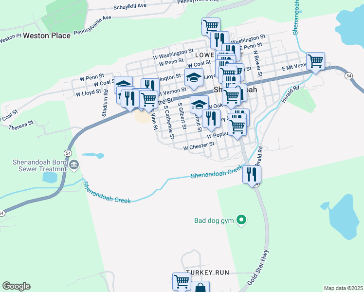 map of restaurants, bars, coffee shops, grocery stores, and more near 418 W Poplar St in Shenandoah