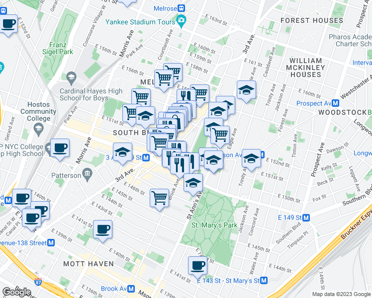 map of restaurants, bars, coffee shops, grocery stores, and more near 625 Brook Avenue in The Bronx