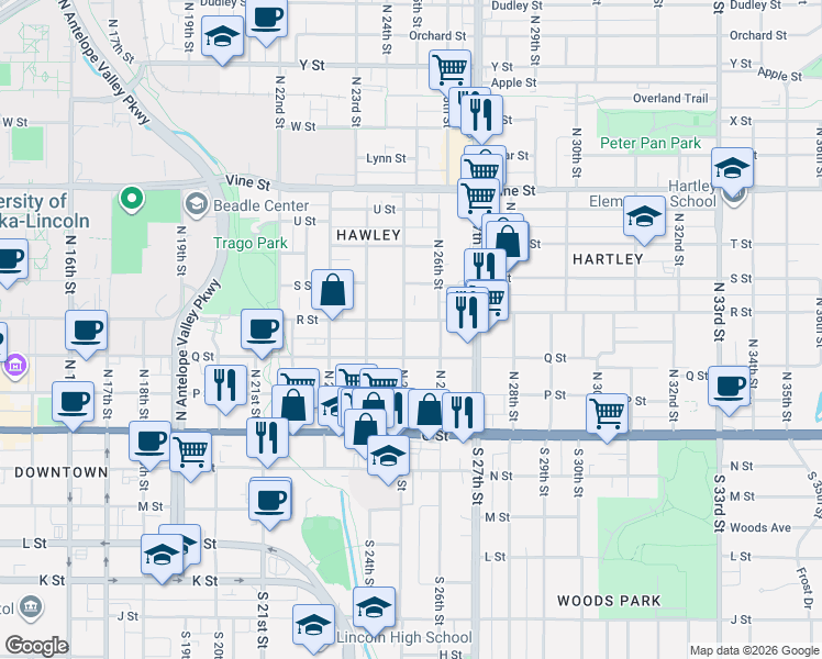 map of restaurants, bars, coffee shops, grocery stores, and more near 2445 R Street in Lincoln