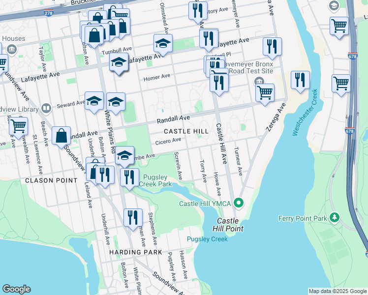 map of restaurants, bars, coffee shops, grocery stores, and more near 501 Olmstead Avenue in Bronx