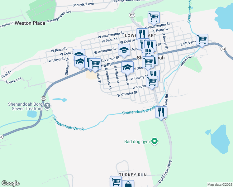 map of restaurants, bars, coffee shops, grocery stores, and more near 418 W Poplar St in Shenandoah