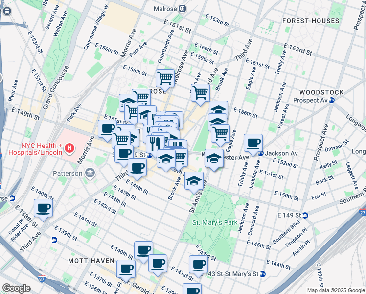 map of restaurants, bars, coffee shops, grocery stores, and more near 423 Westchester Avenue in The Bronx
