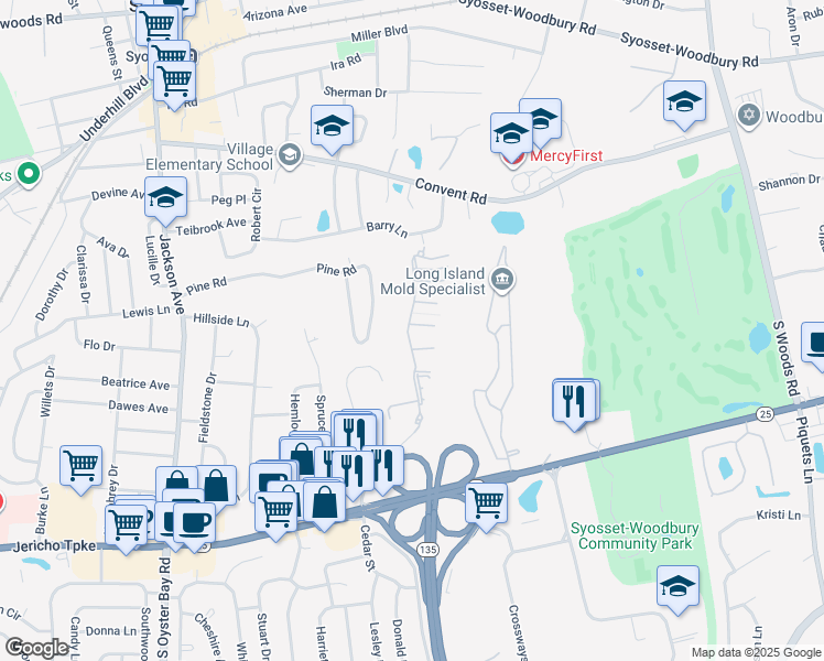 map of restaurants, bars, coffee shops, grocery stores, and more near 69 Hidden Ridge Drive in Syosset