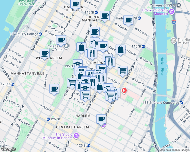 map of restaurants, bars, coffee shops, grocery stores, and more near 215 West 136th Street in New York