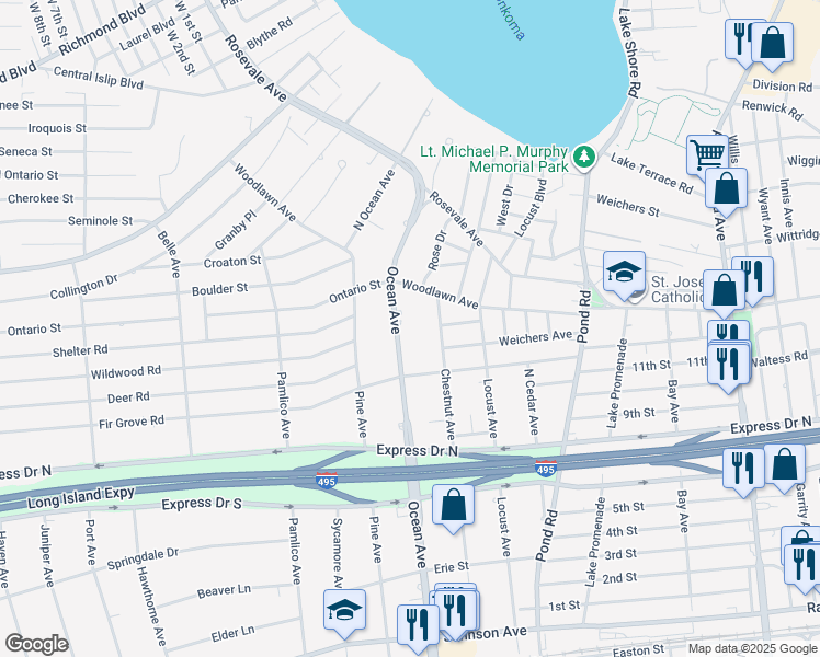 map of restaurants, bars, coffee shops, grocery stores, and more near 2825 Ocean Avenue in Ronkonkoma
