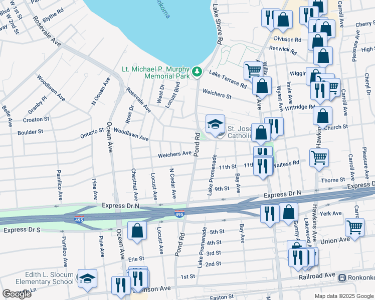 map of restaurants, bars, coffee shops, grocery stores, and more near 121 Weichers Avenue in Ronkonkoma