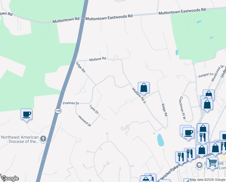 map of restaurants, bars, coffee shops, grocery stores, and more near 2082 Edge Road in Syosset