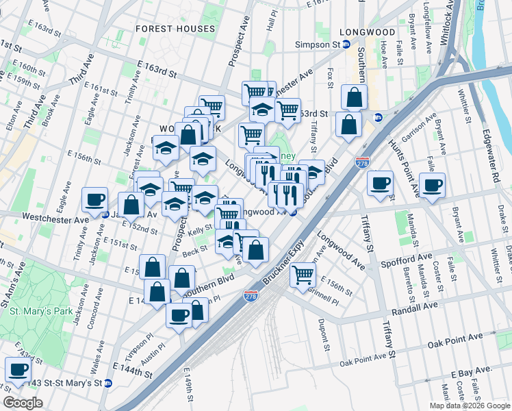 map of restaurants, bars, coffee shops, grocery stores, and more near 757 Beck Street in Bronx