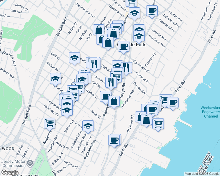 map of restaurants, bars, coffee shops, grocery stores, and more near 351 Palisade Avenue in Cliffside Park