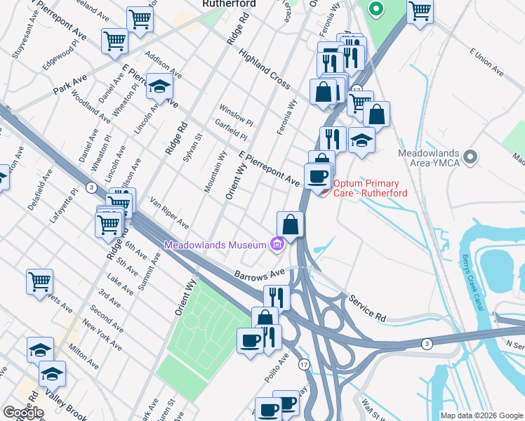 map of restaurants, bars, coffee shops, grocery stores, and more near 21 Highfield Lane in Rutherford