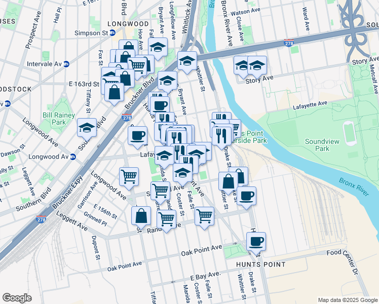 map of restaurants, bars, coffee shops, grocery stores, and more near 769 Bryant Avenue in Bronx