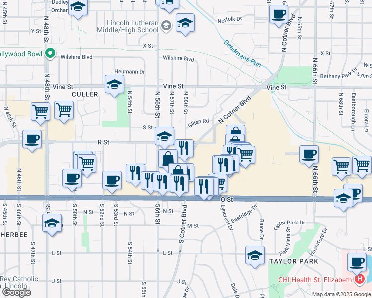 map of restaurants, bars, coffee shops, grocery stores, and more near 333 North Cotner Boulevard in Lincoln