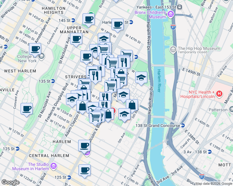 map of restaurants, bars, coffee shops, grocery stores, and more near 98 West 139th Street in New York