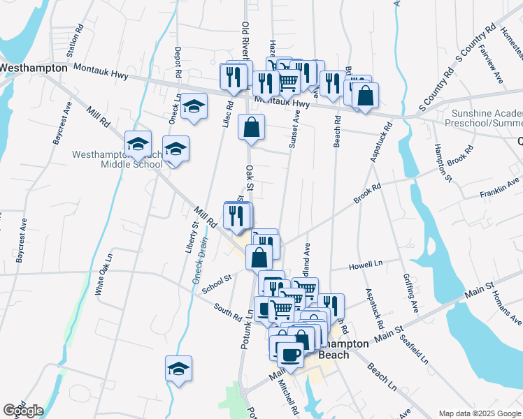 map of restaurants, bars, coffee shops, grocery stores, and more near 34 Oak St in Westhampton Beach