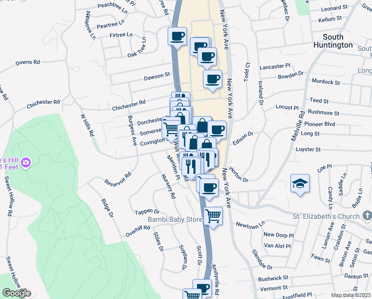 map of restaurants, bars, coffee shops, grocery stores, and more near 301 Walt Whitman Road in Huntington Station