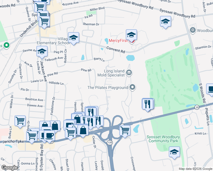 map of restaurants, bars, coffee shops, grocery stores, and more near 108 Glen Way in Syosset