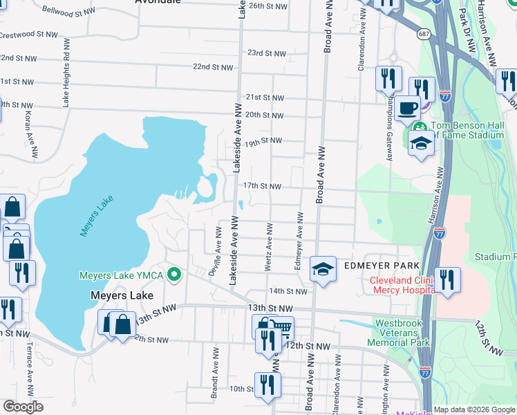 map of restaurants, bars, coffee shops, grocery stores, and more near 3018 Joseph Street Northwest in Canton