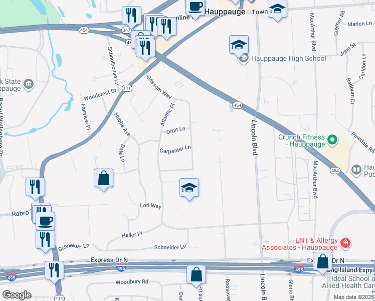 map of restaurants, bars, coffee shops, grocery stores, and more near 24 Carpenter Lane in Hauppauge