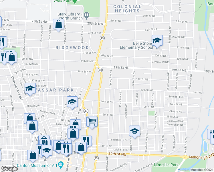 map of restaurants, bars, coffee shops, grocery stores, and more near 1711 Spring Avenue Northeast in Canton