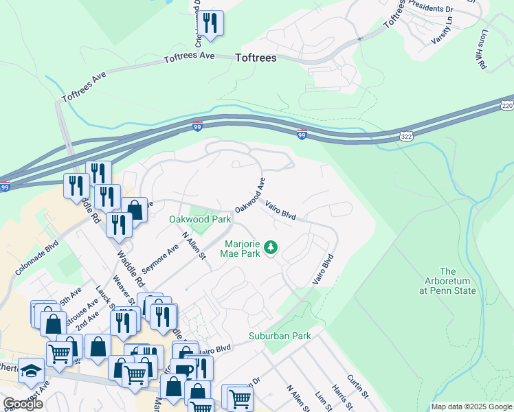 map of restaurants, bars, coffee shops, grocery stores, and more near 107 Fernwood Court in State College