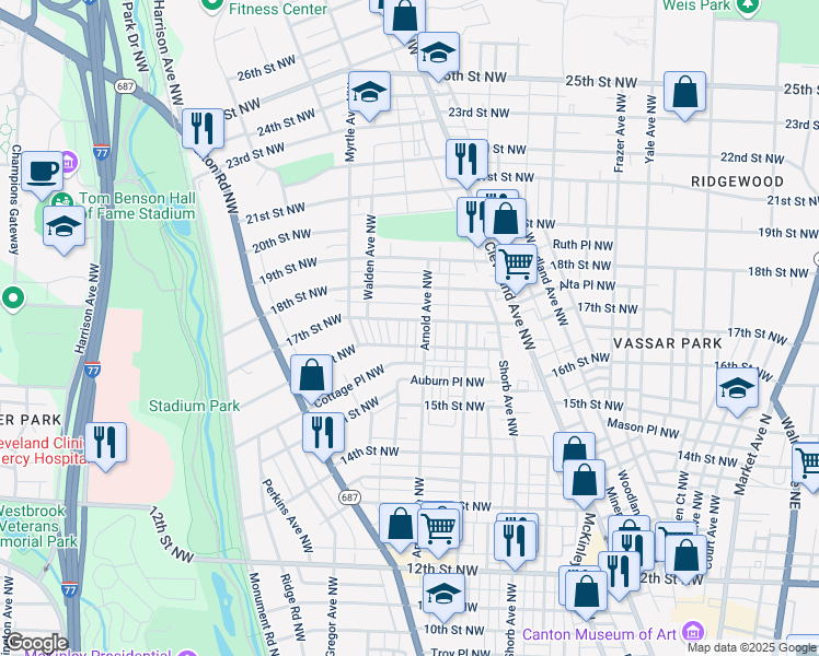 map of restaurants, bars, coffee shops, grocery stores, and more near 1214 17th Street Northwest in Canton