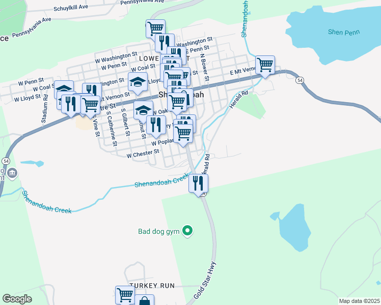 map of restaurants, bars, coffee shops, grocery stores, and more near 403 South Main Street in Shenandoah