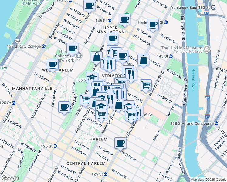map of restaurants, bars, coffee shops, grocery stores, and more near 215 West 136th Street in New York