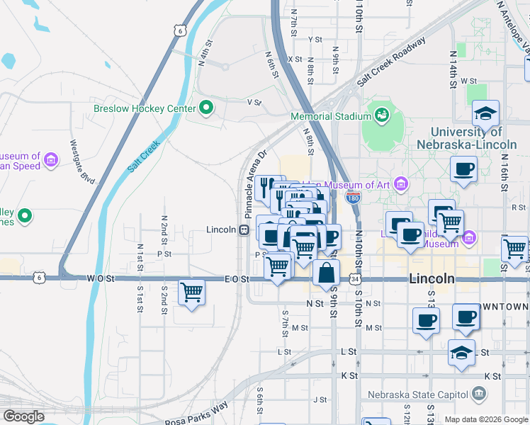 map of restaurants, bars, coffee shops, grocery stores, and more near 601 R Street in Lincoln