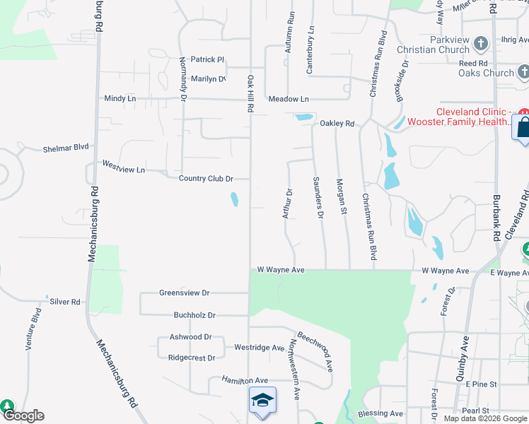 map of restaurants, bars, coffee shops, grocery stores, and more near 1543 Oak Hill Road in Wooster