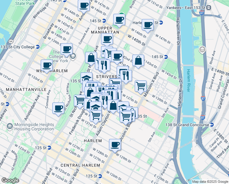 map of restaurants, bars, coffee shops, grocery stores, and more near 215 West 136th Street in New York