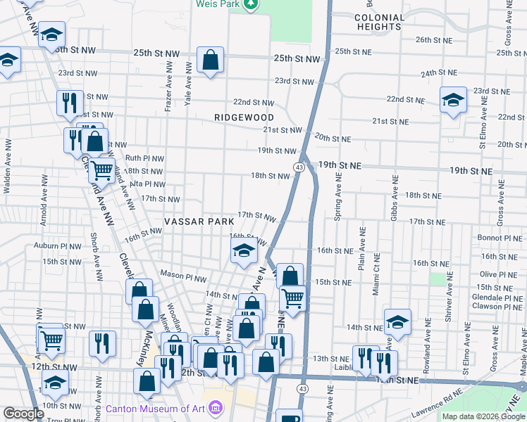 map of restaurants, bars, coffee shops, grocery stores, and more near 1717 Market Avenue North in Canton