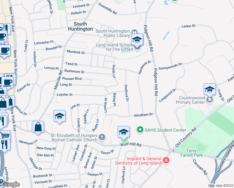 map of restaurants, bars, coffee shops, grocery stores, and more near 3 Bartel Place in Huntington Station