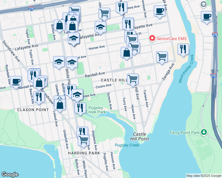 map of restaurants, bars, coffee shops, grocery stores, and more near 501 Olmstead Avenue in Bronx