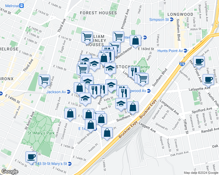 map of restaurants, bars, coffee shops, grocery stores, and more near 675 Dawson Street in Bronx