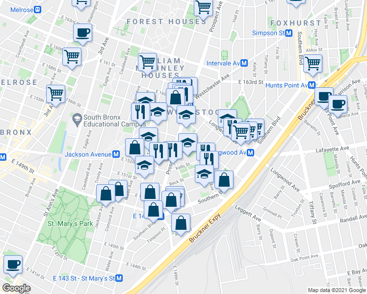 map of restaurants, bars, coffee shops, grocery stores, and more near 675 Dawson Street in Bronx