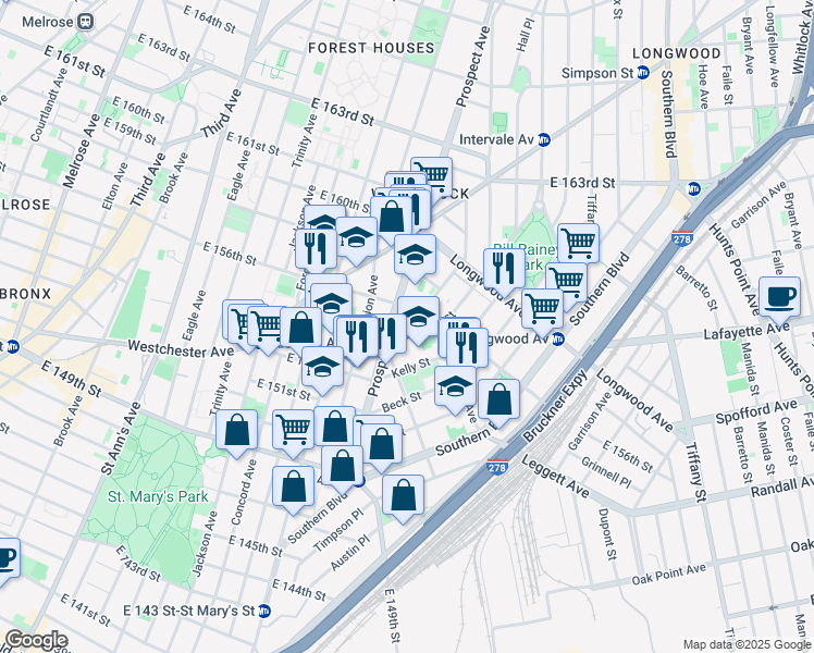 map of restaurants, bars, coffee shops, grocery stores, and more near 675 Dawson Street in Bronx