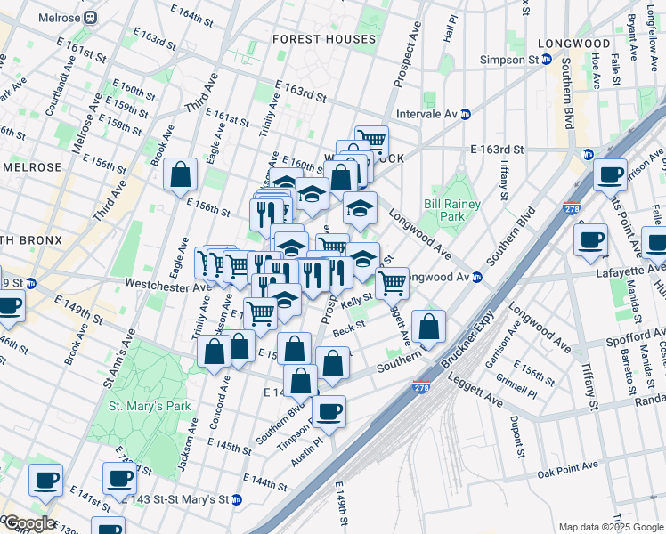 map of restaurants, bars, coffee shops, grocery stores, and more near 845 East 155th Street in Bronx
