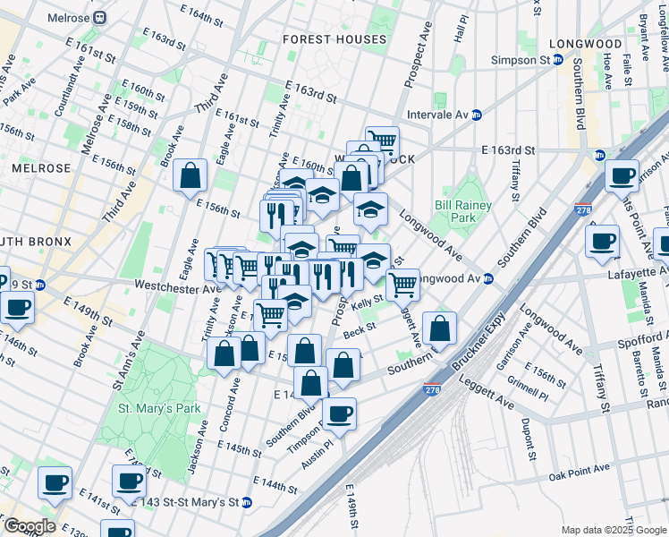 map of restaurants, bars, coffee shops, grocery stores, and more near 845 East 155th Street in Bronx
