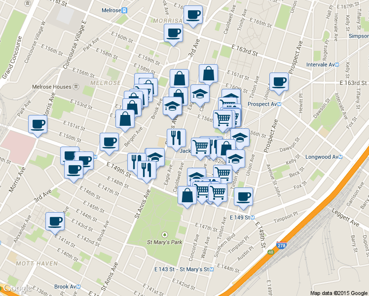 map of restaurants, bars, coffee shops, grocery stores, and more near 642 Westchester Avenue in The Bronx