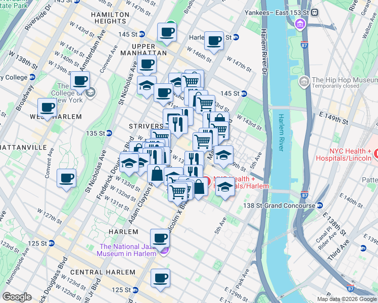 map of restaurants, bars, coffee shops, grocery stores, and more near 128 West 138th Street in New York