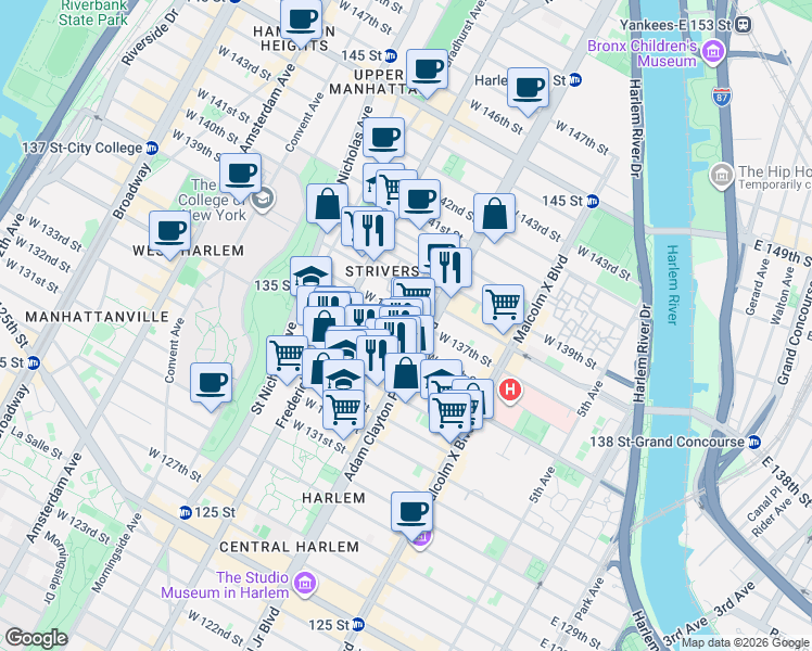 map of restaurants, bars, coffee shops, grocery stores, and more near 215 West 136th Street in New York