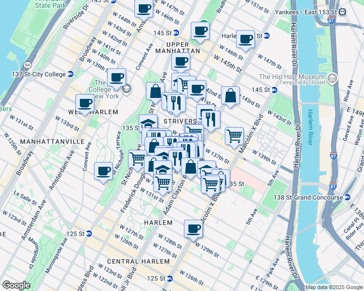 map of restaurants, bars, coffee shops, grocery stores, and more near 215 West 136th Street in New York