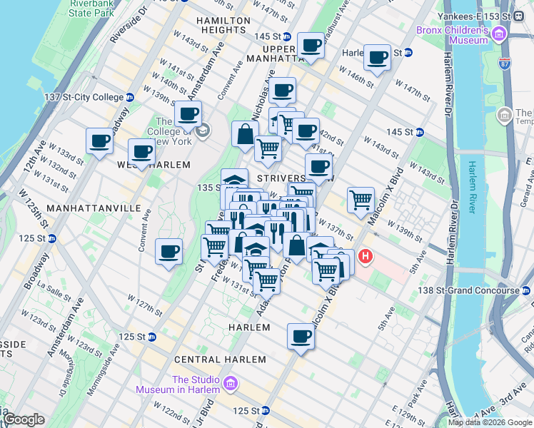 map of restaurants, bars, coffee shops, grocery stores, and more near 241 West 135th Street in New York