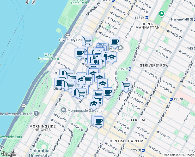 map of restaurants, bars, coffee shops, grocery stores, and more near 90 Convent Avenue in New York