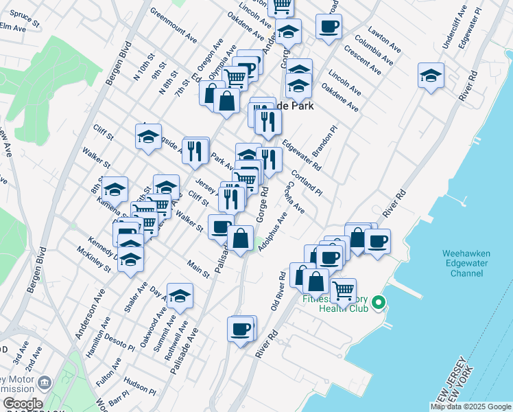map of restaurants, bars, coffee shops, grocery stores, and more near 352 Gorge Road in Cliffside Park