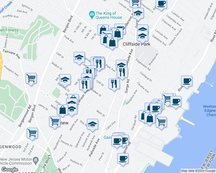 map of restaurants, bars, coffee shops, grocery stores, and more near 224 Cliff Street in Cliffside Park