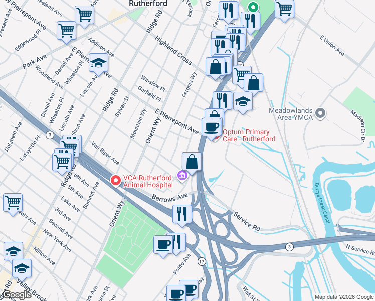 map of restaurants, bars, coffee shops, grocery stores, and more near 260 New Jersey 17 in Wood-Ridge