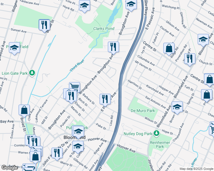 map of restaurants, bars, coffee shops, grocery stores, and more near 53 Main Terrace in Bloomfield